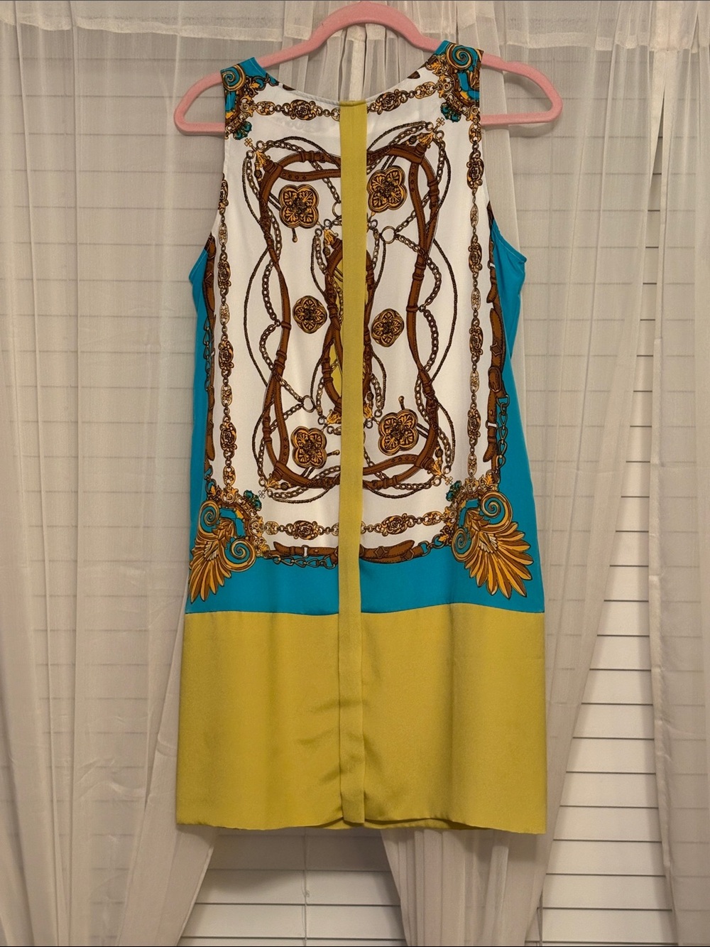 New York & Company Sleeveless Shift Dress in Teal, White & Yellow